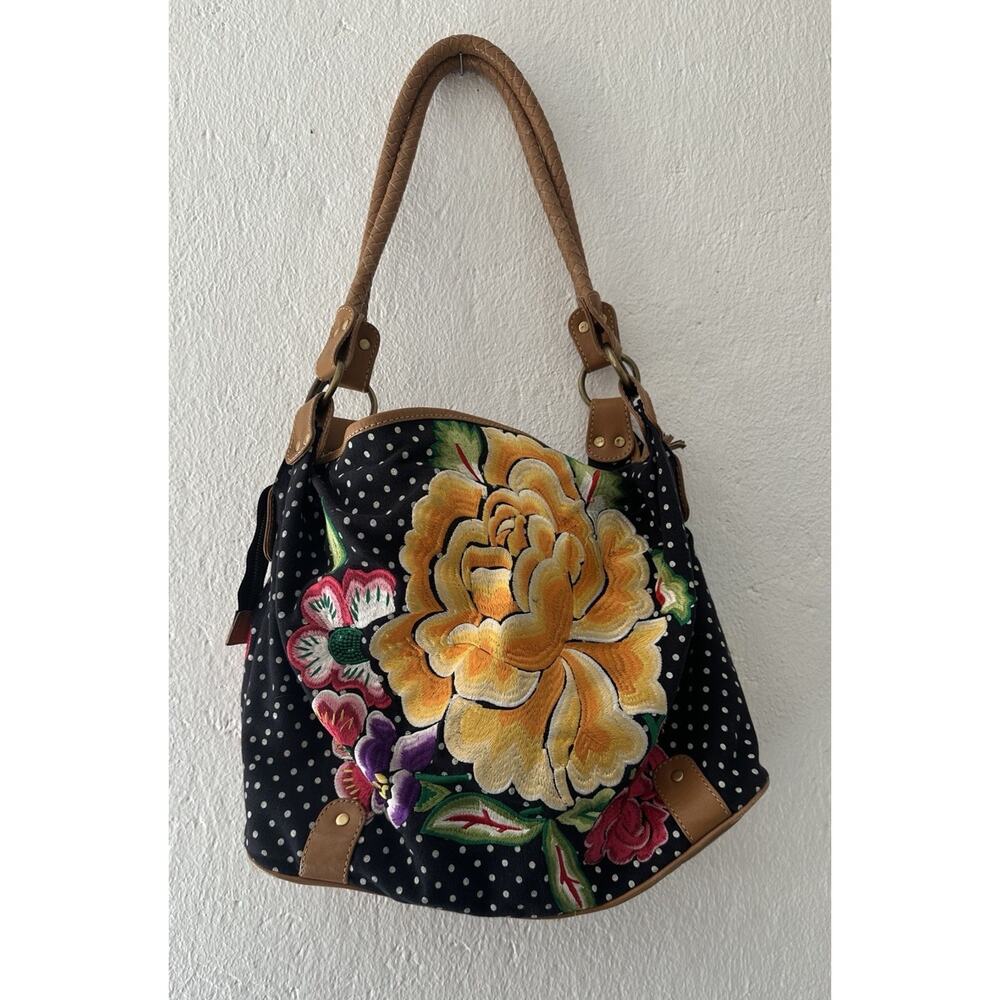 Anthropologie Jasper & Jeera Embroidered Floral Bag Polka Dot Leather Handles